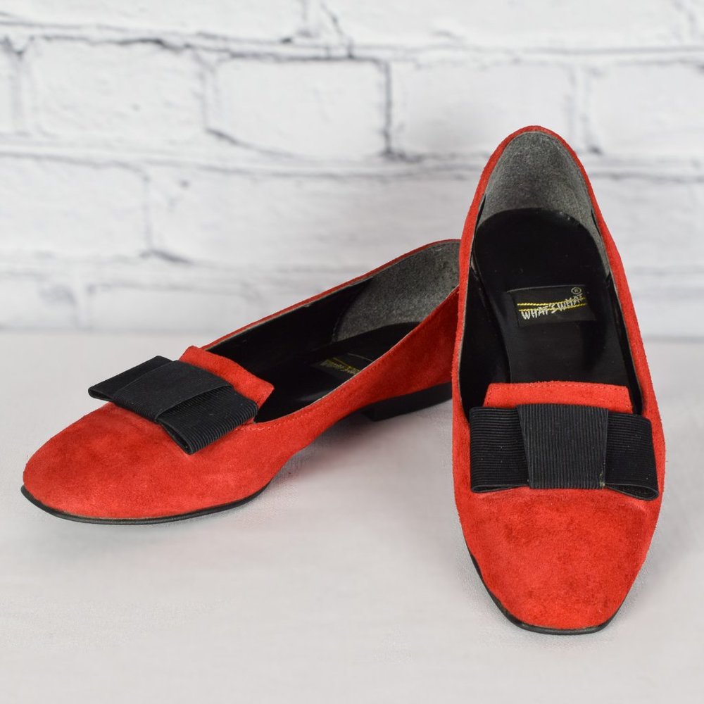 Vintage Women's 90s What's What Red Suede Square Toe Slip on Flats